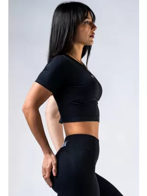 Crop top fără cusături, cu mâneci scurte POWER 891 BLACK Nebbia