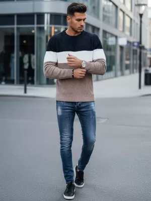 Pulover pentru bărbați DSTREET WX2321 BEJ/ALBASTRU ÎNCHIS