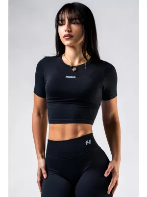 Crop top fără cusături, cu mâneci scurte POWER 891 BLACK Nebbia