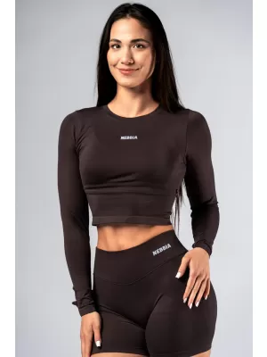 Crop top fără cusături, cu mâneci lungi POWER 892 DARK BROWN Nebbia