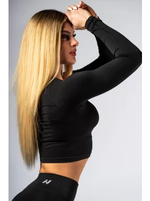 Crop top fără cusături, cu mâneci lungi POWER 892 BLACK Nebbia