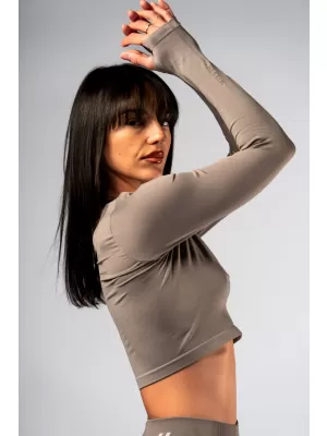 Crop top fără cusături, cu mâneci lungi POWER 892 LIGHT BROWN ASH Nebbia