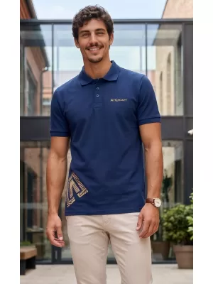 Tricou pentru bărbați cu guler ALTISPORT ALM013203 ALBASTRU MIEZ DE NOAPTE/AURIU