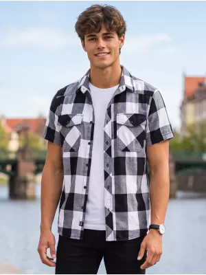 Cămaşă BRANDIT KOSTKOVANÁ KRÁTKÝ RUKÁV BD4032 ALB/NEGRU