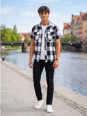 Cămaşă BRANDIT KOSTKOVANÁ KRÁTKÝ RUKÁV BD4032 ALB/NEGRU