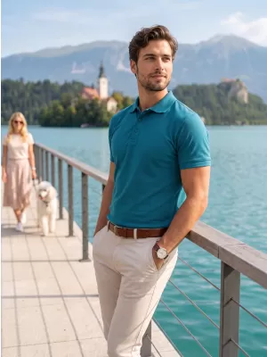Tricou pentru bărbați cu guler ALTISPORT NoPrint NP/ALM302 TURCOAZ ÎNCHIS