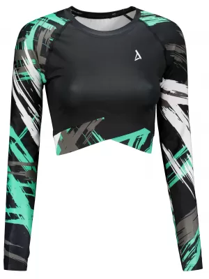 Crop top funcțional premium pentru femei, cu mâneci lungi ALTISPORT VOJ/ALW039TR04 NEGRU/TURCOAZ