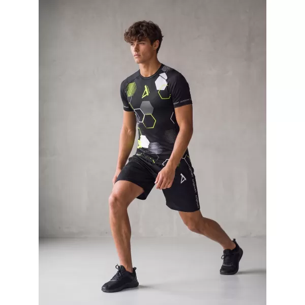  Tricou de compresie funcțional premium cu mâneci scurte pentru bărbați ALTISPORT VOJ/ALM037TR04 NEGRU ȘI GALBEN 
