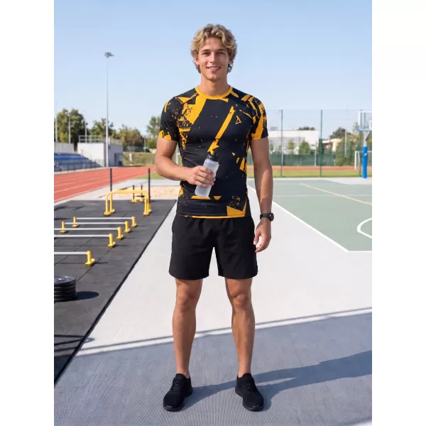  Tricou de compresie funcțională pentru bărbați cu premiu cu mânecă scurtă ALTISPORT VOJ/ALM079TR04 NEGRU -YELLOW 