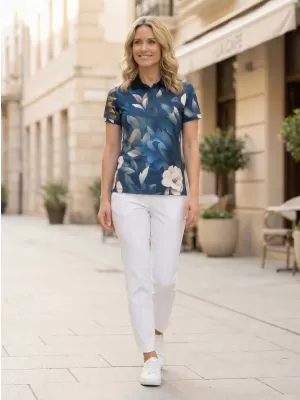 Tricou funcțional pentru femei cu guler premium ALTISPORT VOJ/ALW097TR05 FLORI ALBASTRE