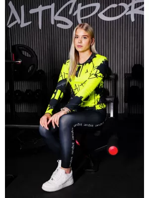 Tricou funcțional pentru femei cu mâneci lungi premium ALTISPORT VOJ/ALW076TR03 NEGRU/FLUO YELLOW