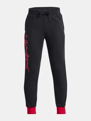 Pantaloni de trening pentru băieți UNDER ARMOUR RIVAL FLEECE SCRIPT JGRS 1379789-001 NEGRU